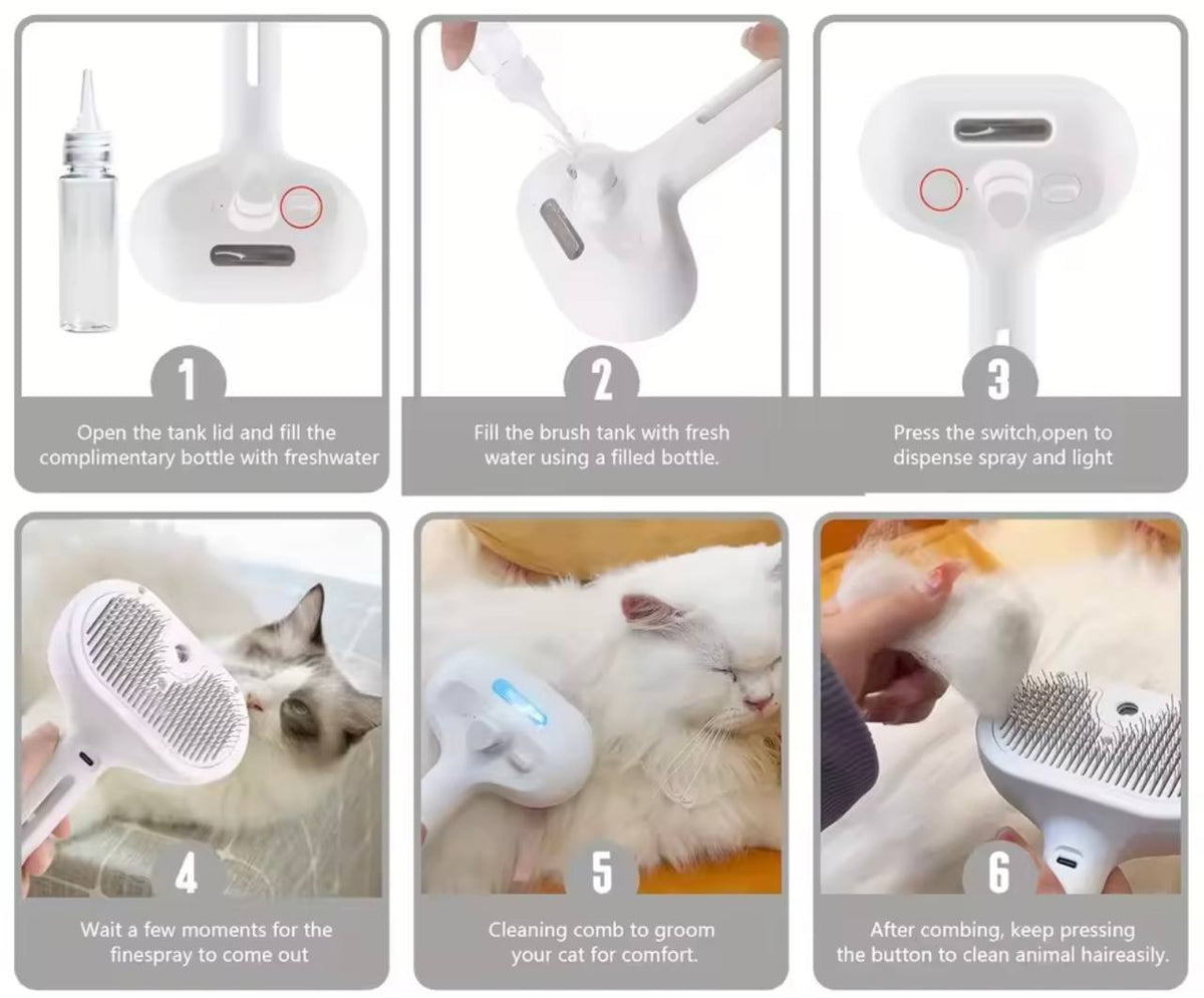 Elektrische Katzen-Dampfbürste – 3-in-1 Tierpflegekamm mit Wassersprühfunktion für Katzen und Hunde, USB wiederaufladbar