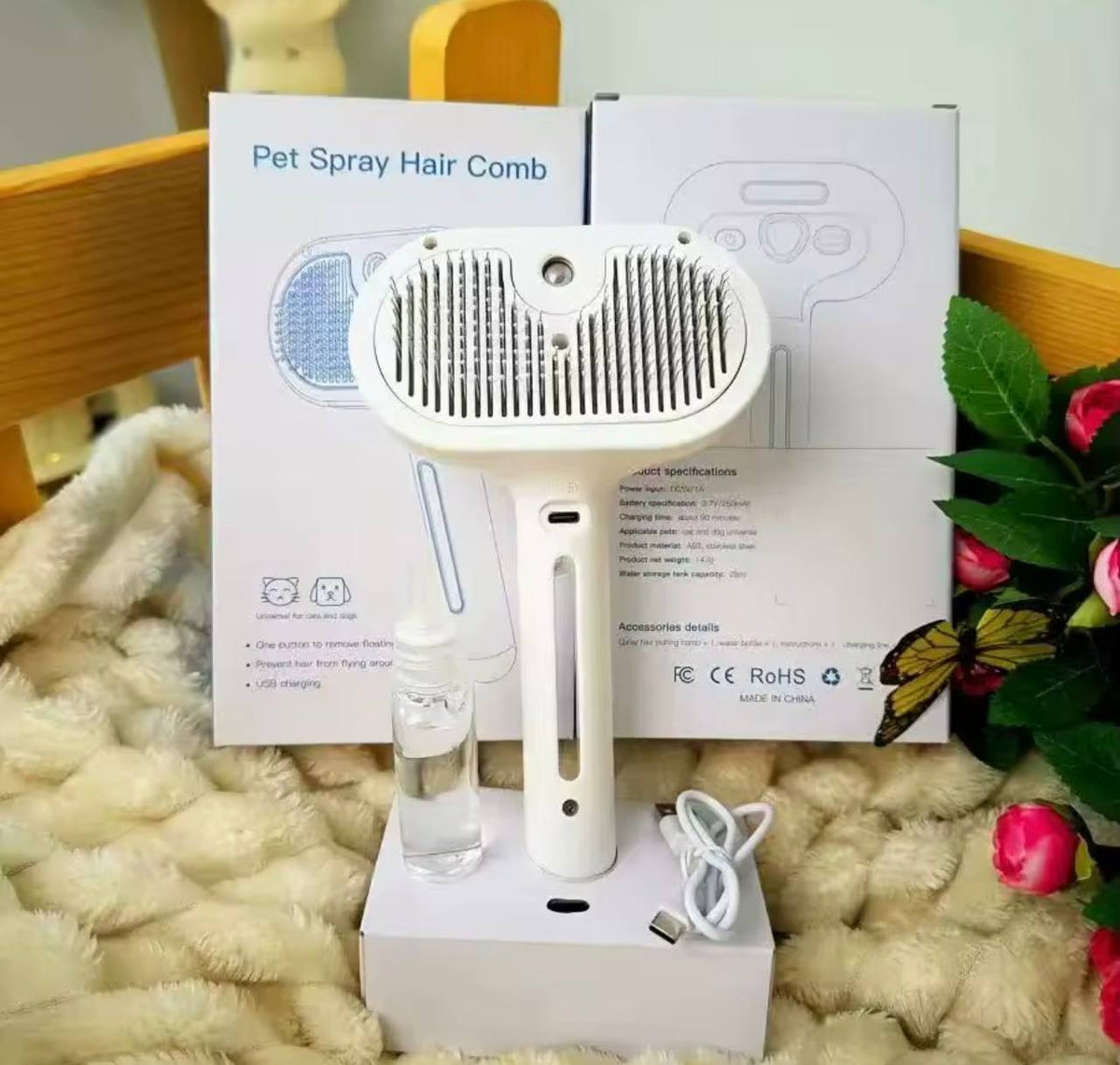 Elektrische Katzen-Dampfbürste – 3-in-1 Tierpflegekamm mit Wassersprühfunktion für Katzen und Hunde, USB wiederaufladbar